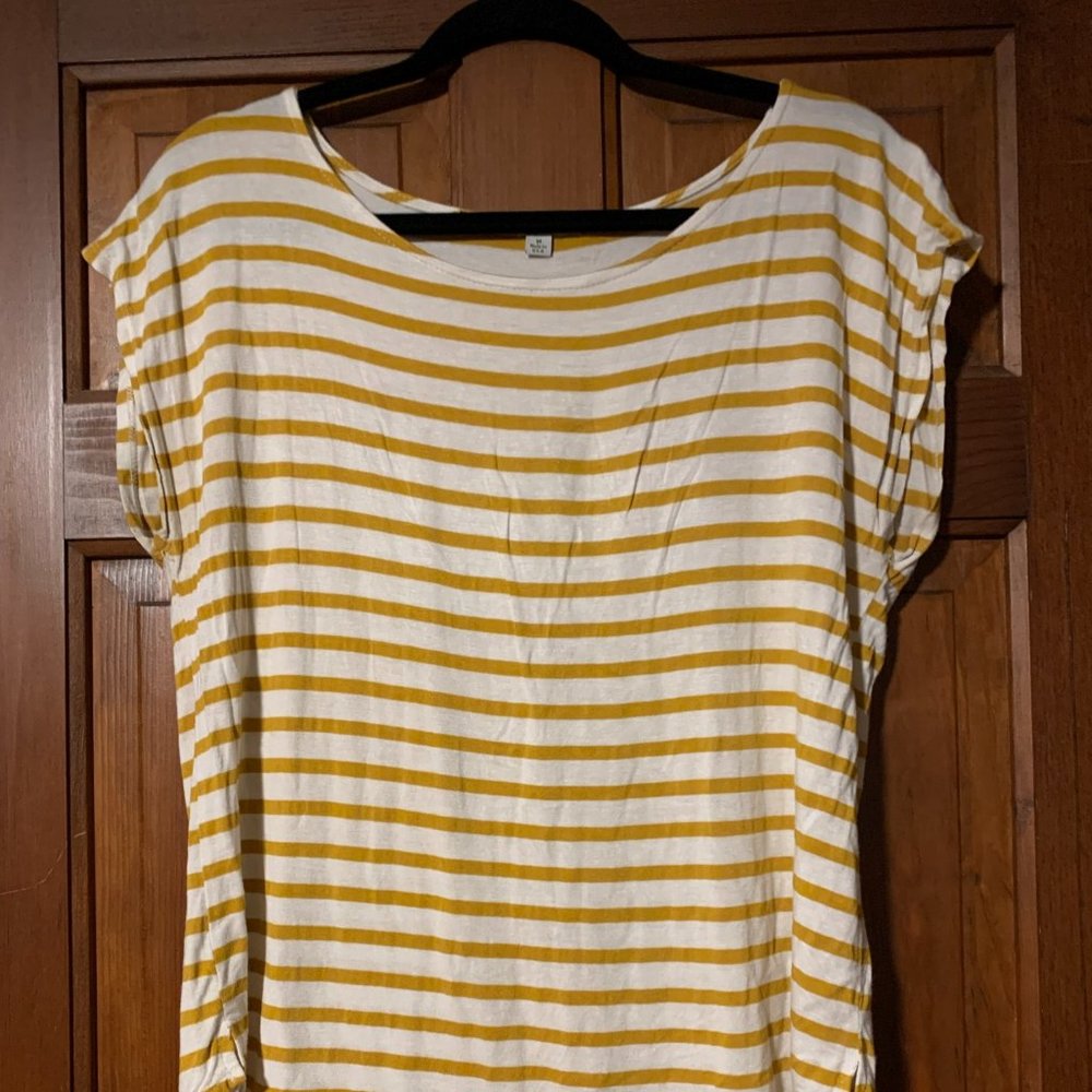 Green Envelope yellow and white striped cap sleeved shirt